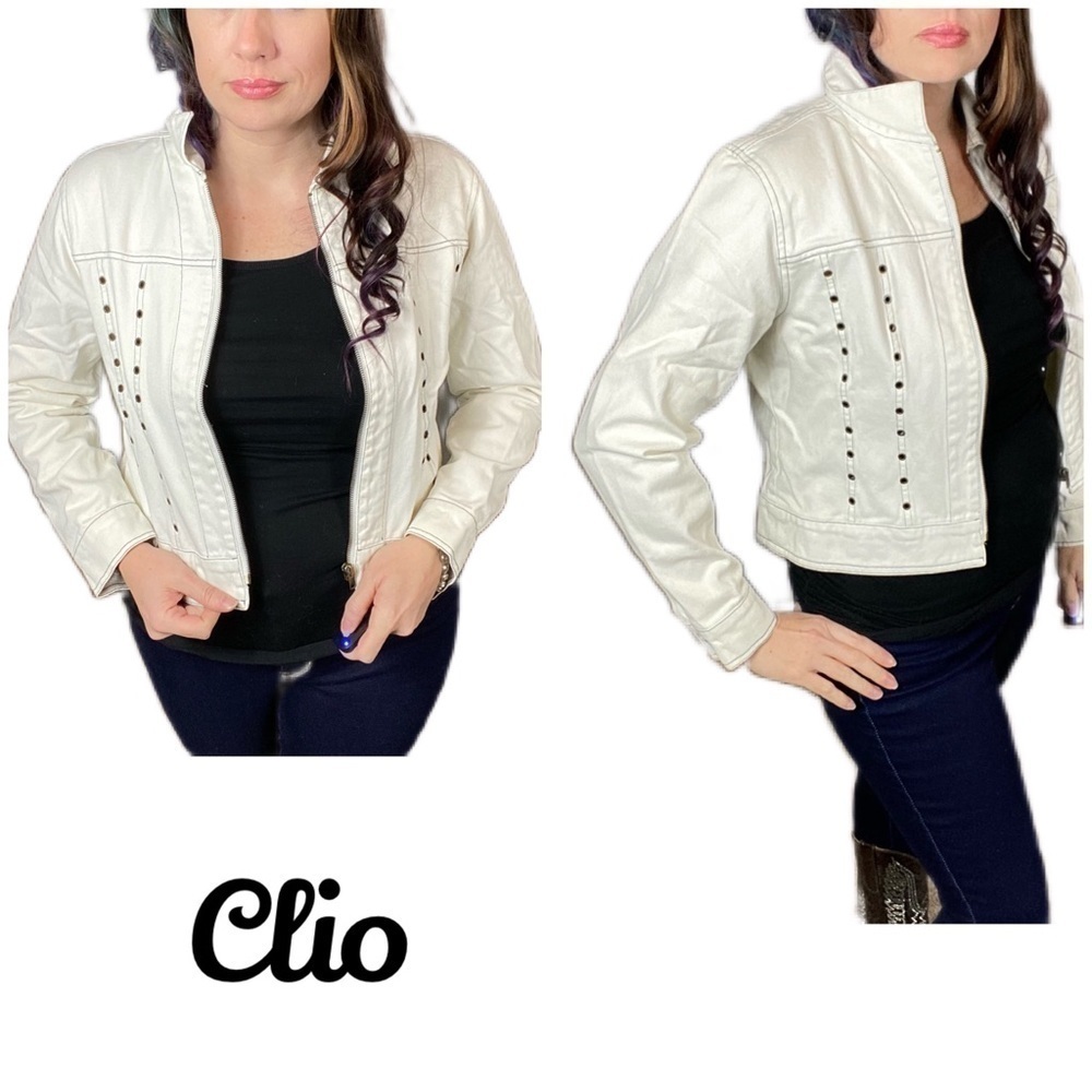 Vintage Clio white denim zip up jacket with silver rivets. Rivet embellished